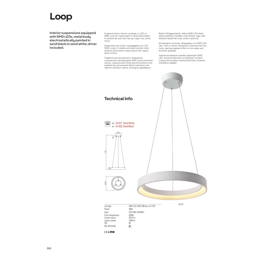 Redo 01-671 - Lampadario LED a sospensione con filo LOOP LED/38W/230V diametro 45 cm bianco