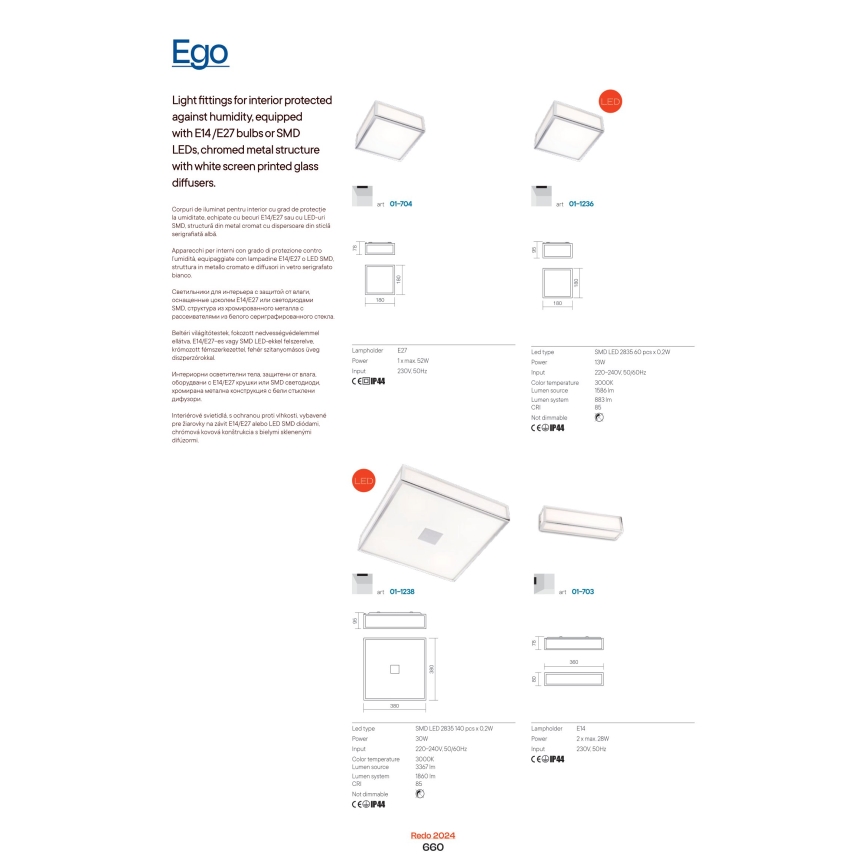 Redo 01-704 - Plafoniera da bagno EGO 1xE27/52W/230V 18x18 cm IP44