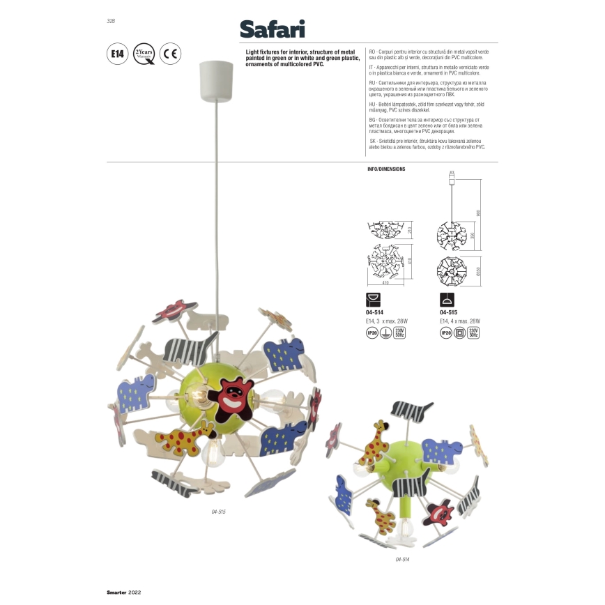 Redo 04-515 - Suspension filaire enfant SAFARI 4xE14/28W/230V d. 35 cm coloré