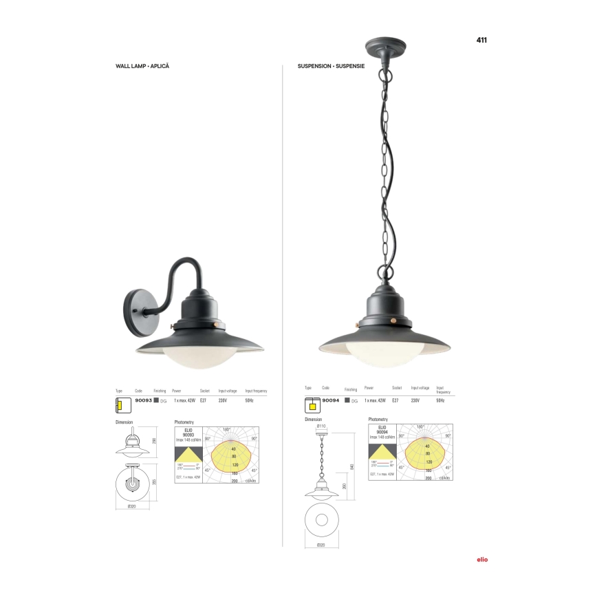 Redo 90094 - Suspension d'extérieur avec chaîne ELIO 1xE27/42W/230V IP44