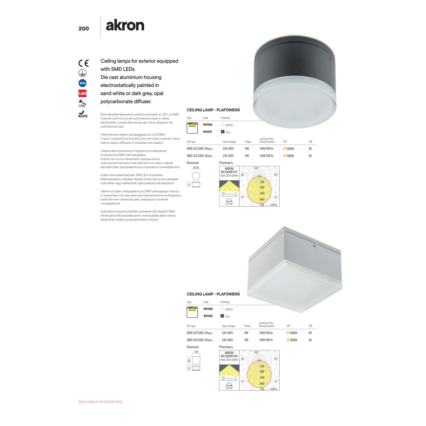 Redo 90107 - Plafonnier extérieur AKRON 1xLED/9W/230V d. 10,8 cm IP54