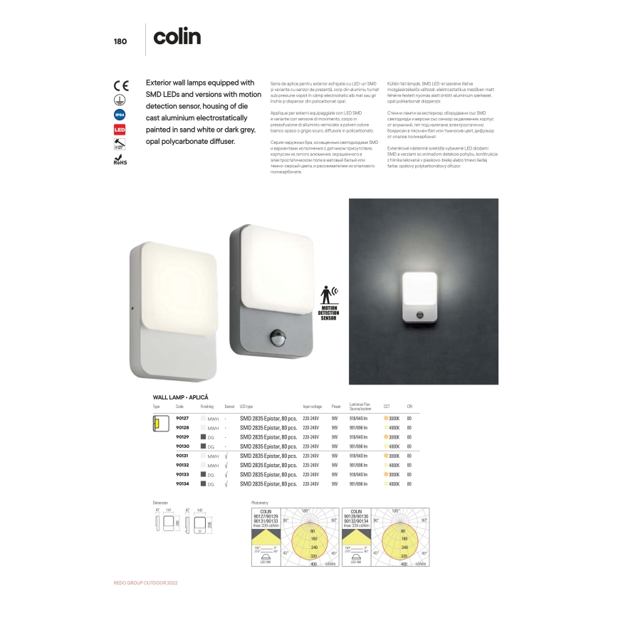 Redo 90133 - LED Außenwandleuchte mit Bewegungs- und Dämmerungssensor COLIN LED/9W/230V 3000K IP54 Anthrazit