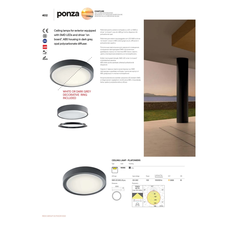 Redo 90155 - LED-Deckenleuchte für den Außenbereich PONZA LED/16W/230V d 26 cm IP65