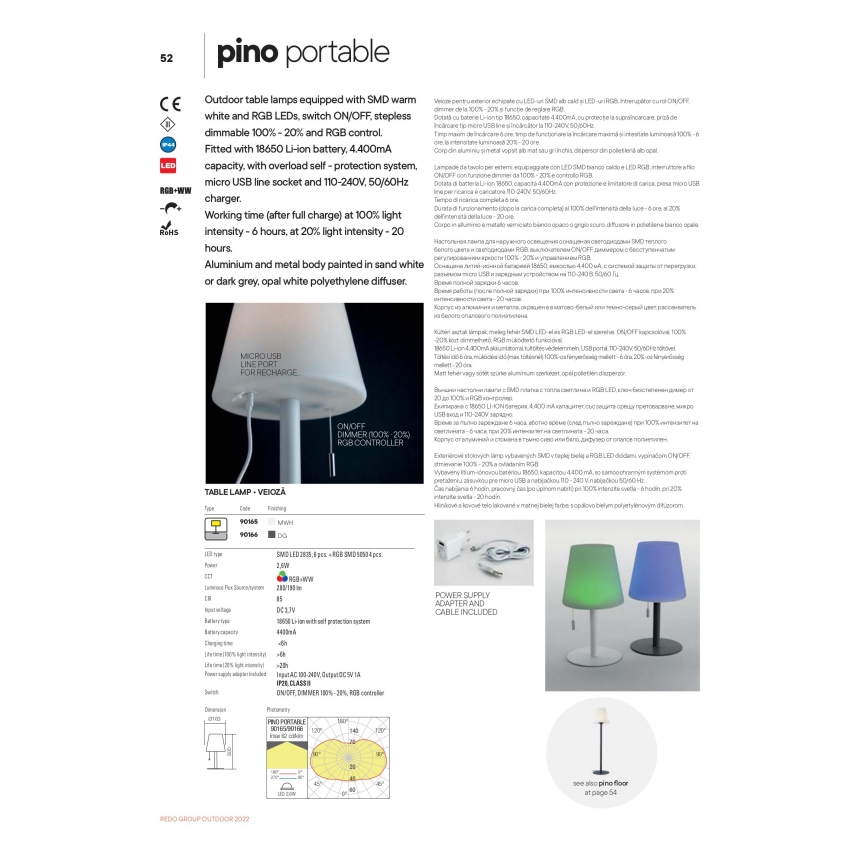 Redo 90166 - Lampe de table d'extérieur LED RGB à intensité variable PINO LED/2,6W/230V 4400 mAh IP44