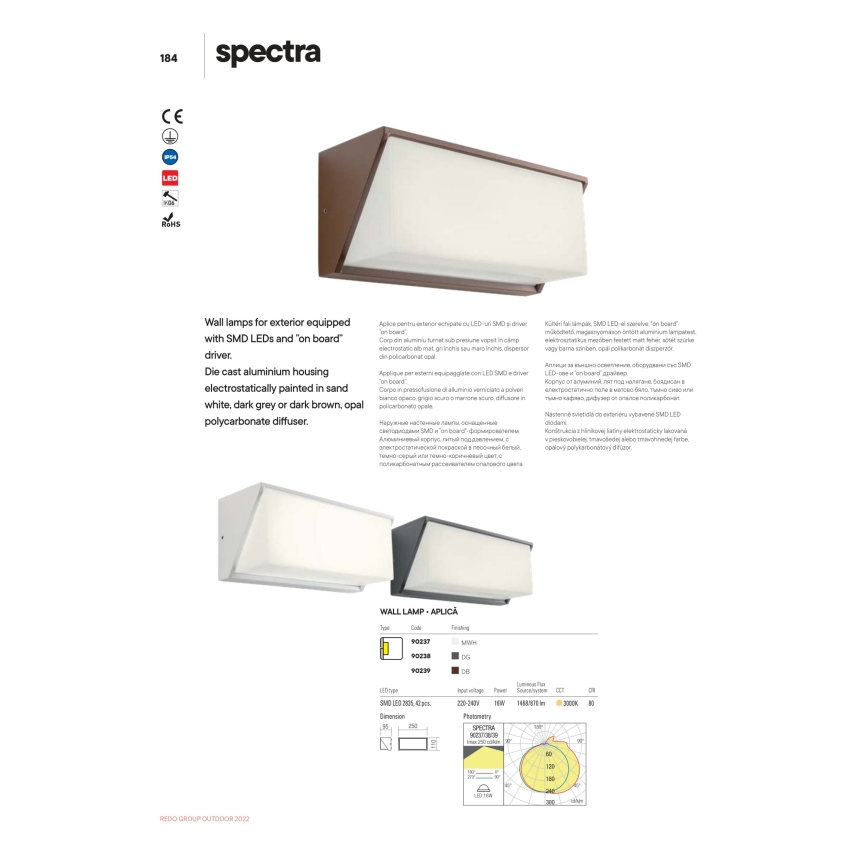 Redo 90238 - Applique a LED da esterno SPECTRA LED/16W/230V 3000K IP54 grigio