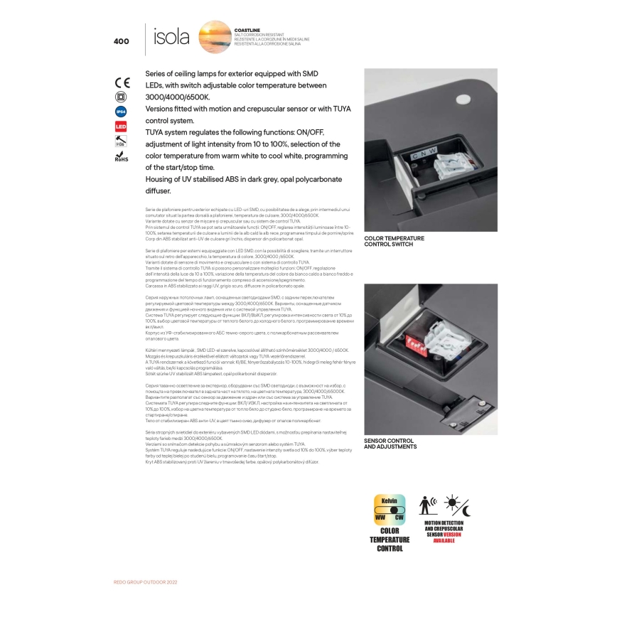 Redo 90290 - LED-Deckenleuchte für den Außenbereich mit Sensor ISOLA LED/24W/230V d 26 cm 3000/4000/6500K IP54 anthrazit