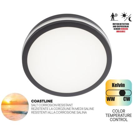 Redo 90290 - LED-Deckenleuchte für den Außenbereich mit Sensor ISOLA LED/24W/230V d 26 cm 3000/4000/6500K IP54 anthrazit
