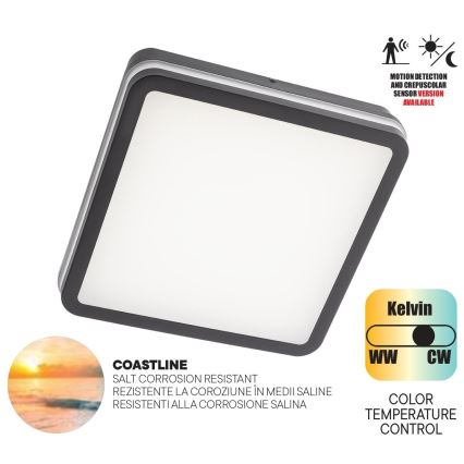 Redo 90292 - Plafoniera LED da esterno con sensore ISOLA LED/24W/230V 26x26 cm 3000/4000/6500K IP54 antracite