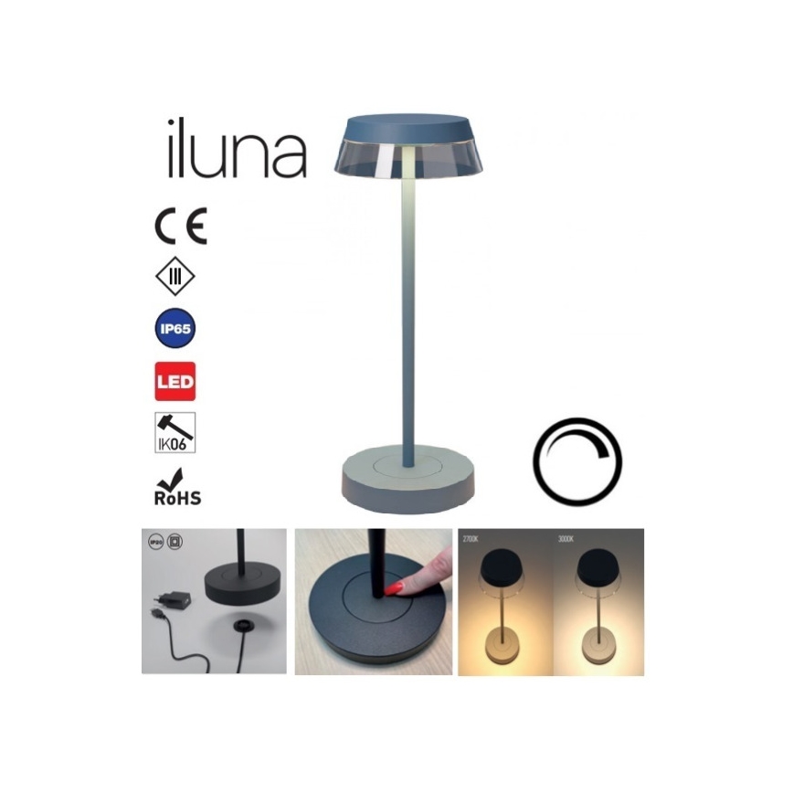 Redo 90310 - Dimmbare LED-Tischlampe mit Touch-Funktion ILUNA LED/2,5W/5V 2700-3000K 3000 mAh IP65 blau