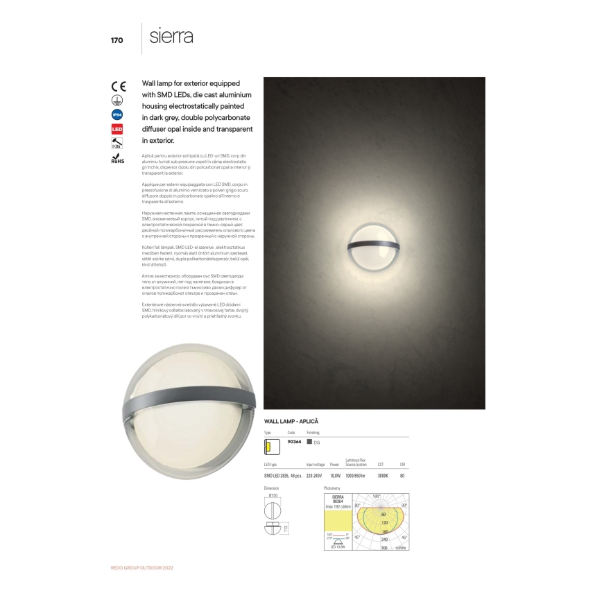Redo 90364 - LED Applique murale d'extérieur SIERRA LED/10,8W/230V IP54