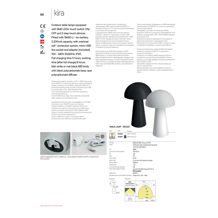 Redo 90438 - Lampada da esterno dimmerabile touch KIRA LED/4,7W/230V 2200 mAh IP44 bianca