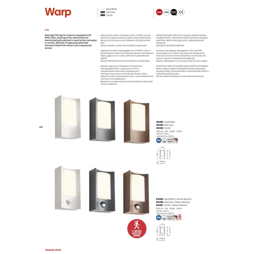 Redo 90486 - Applique murale extérieure avec détecteur WARP LED/8W/230V 3000K IP44 anthracite