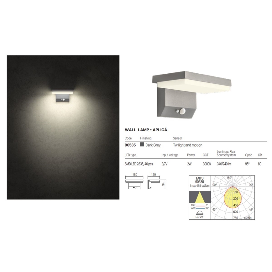 Redo 90535 - Applique a LED solare con sensore TAIYO LED/2W/3,7V 3000K IP54 antracite