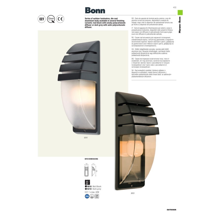 Redo 9210 - Applique murale d'extérieur BONN 1xE27/42W/230V IP44