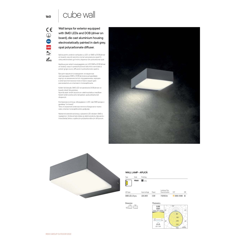 Redo 9560 - Applique da parete per esterni CUBE LED/7,5W/230V 3000K IP54 antracite