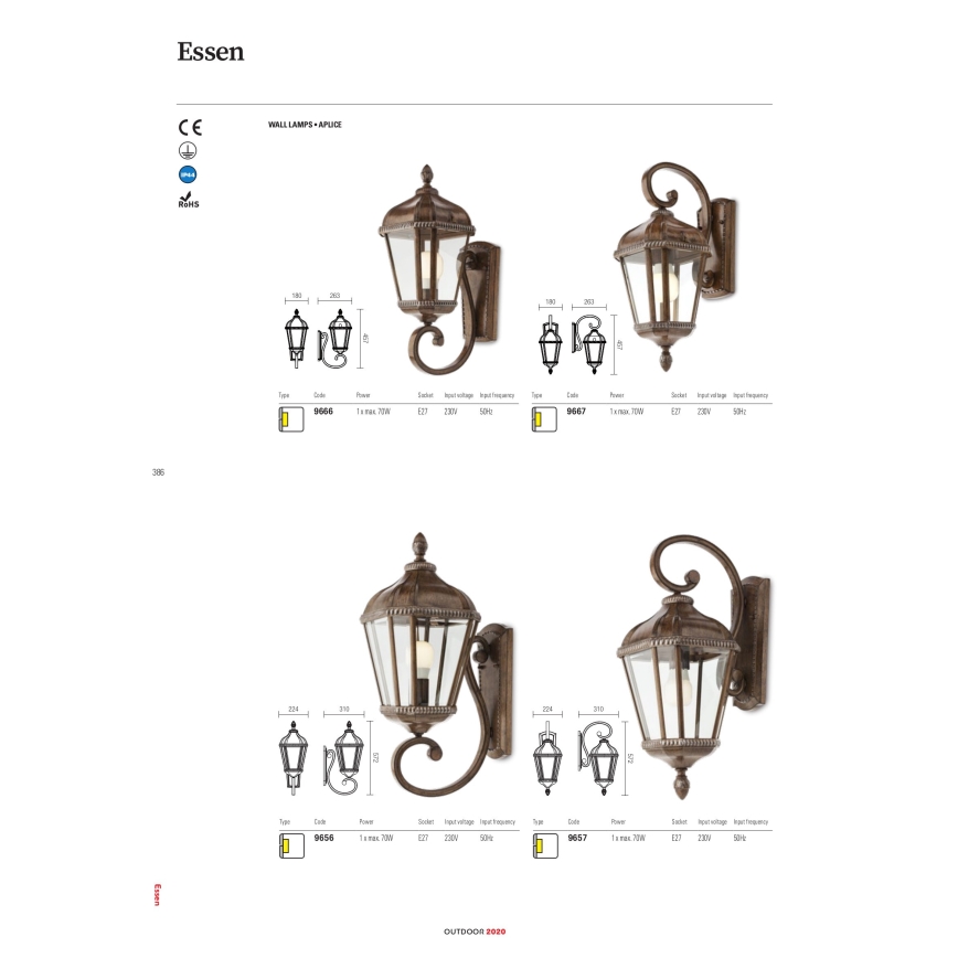 Redo 9656 - Lampada da parete per esterni ESSEN 1xE27/70W/230V IP44 marrone/patina