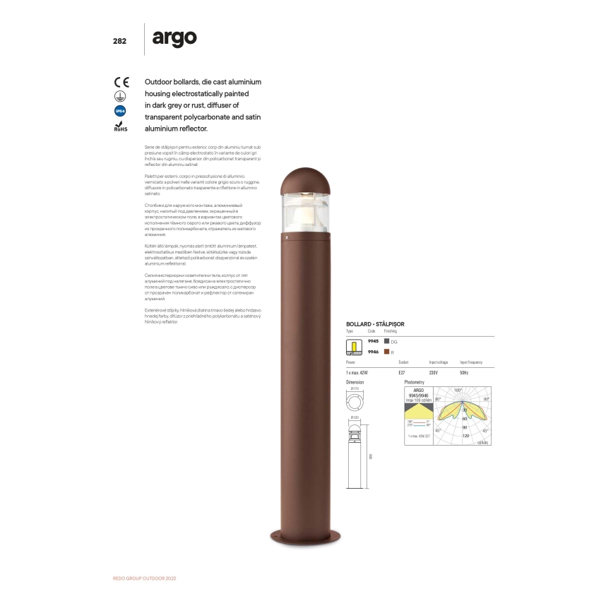 Redo 9945 - Lampadaire extérieur ARGO 1xE27/42W/230V IP54