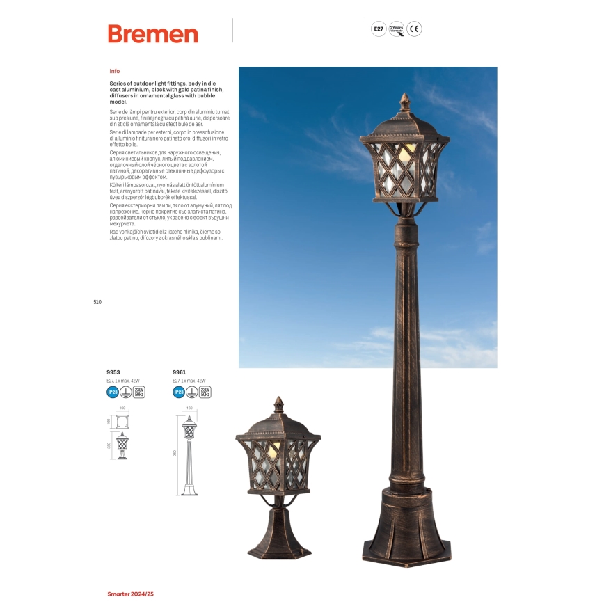 Redo 9952 - Lampadario da esterno a sospensione con catena BREMEN 1xE27/42W/230V IP23 oro/patina