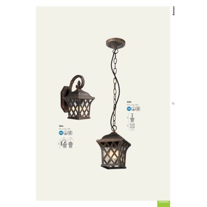 Redo 9952 - Lampadario da esterno a sospensione con catena BREMEN 1xE27/42W/230V IP23 oro/patina