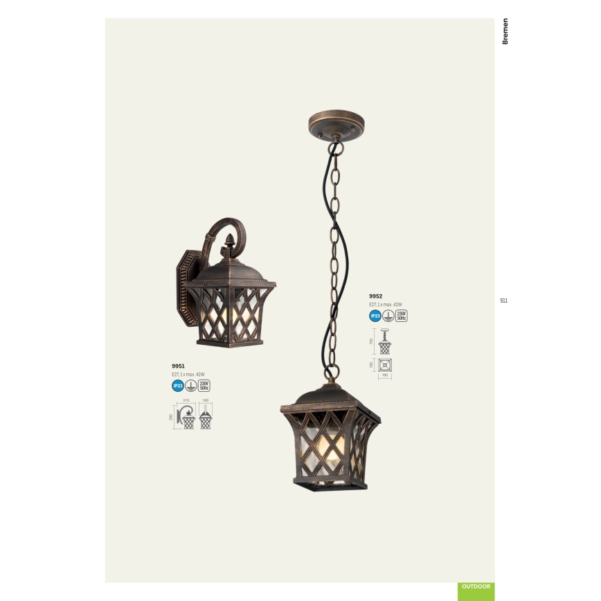 Redo 9952 - Lampadario da esterno a sospensione con catena BREMEN 1xE27/42W/230V IP23 oro/patina
