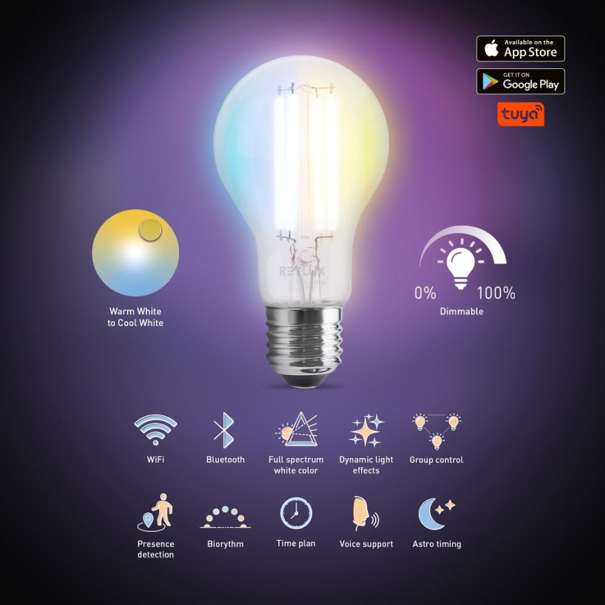 Dimmbare LED-Lampe FILAMENT A60 E27/7W/230V 2700-6500K Wi-Fi Tuya