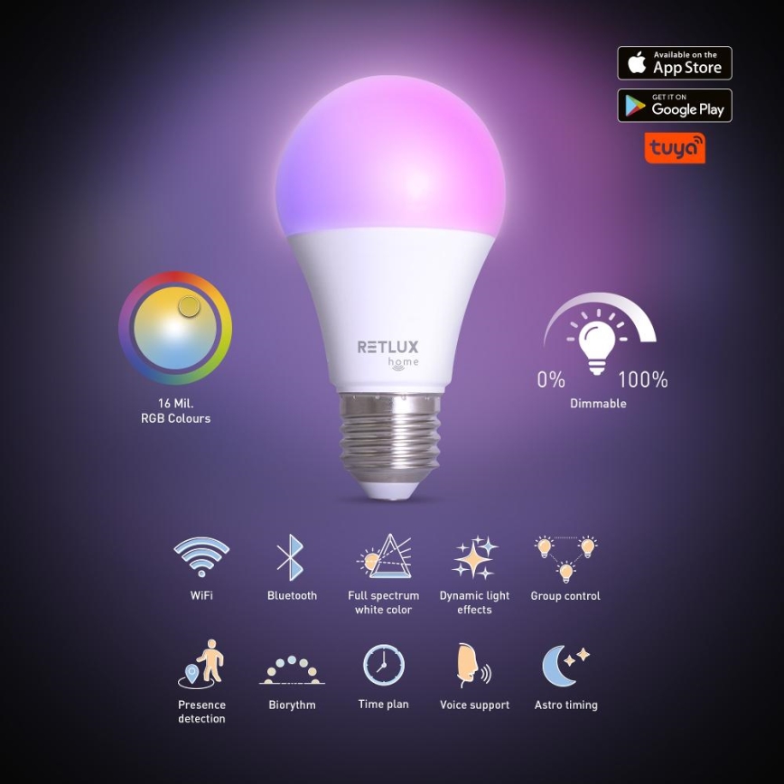 Dimmbare LED-RGBW-Lampe A60 E27/9W/230V 2700-6500K Wi-Fi Tuya