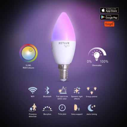 Lampadina LED RGBW dimmerabile C37 E14/4,5W/230V 2700-6500K Wi-Fi Tuya