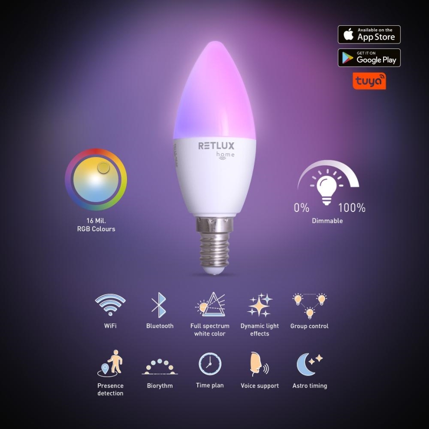 Lampadina LED RGBW dimmerabile C37 E14/4,5W/230V 2700-6500K Wi-Fi Tuya