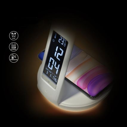 LED dimmbare Tischlampe mit kabelloser Qi 5W Ladestation und Display LED/6W/230V/1xCR2032 3000/4000/6000K Weiß