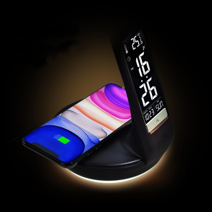 LED dimmbare Tischlampe mit kabelloser Qi-Ladestation 5W und Display LED/6W/230V/1xCR2032 3000/4000/6000K schwarz