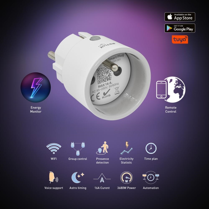 Presa intelligente 3680W/230V/Tipo E/16A Wi-Fi Tuya
