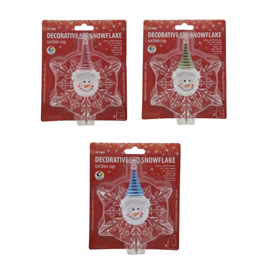 RGB-LED-Weihnachtsdekoration mit Saugnapf, Schneemann, LED/3xLR44, rot/blau/grün