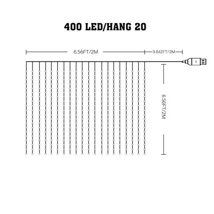 Rideau lumineux de Noël LED RGB dimmable WIZARD 400xLED/USB 2x2m + télécommande