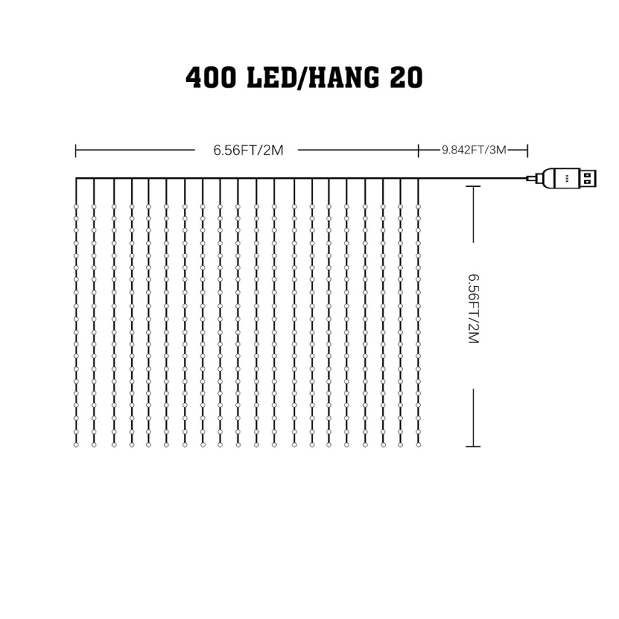 Rideau lumineux de Noël LED RGB dimmable WIZARD 400xLED/USB 2x2m + télécommande