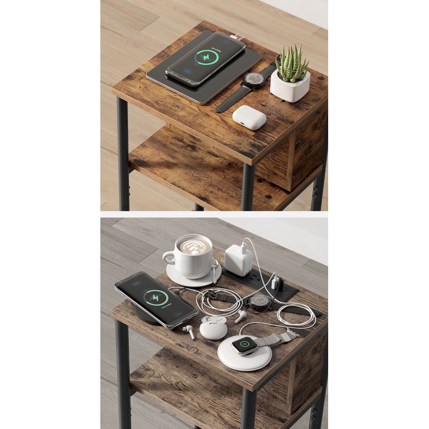 ROD Beistelltisch mit integrierten Steckdosen und USB-Anschlüssen, braun/schwarz