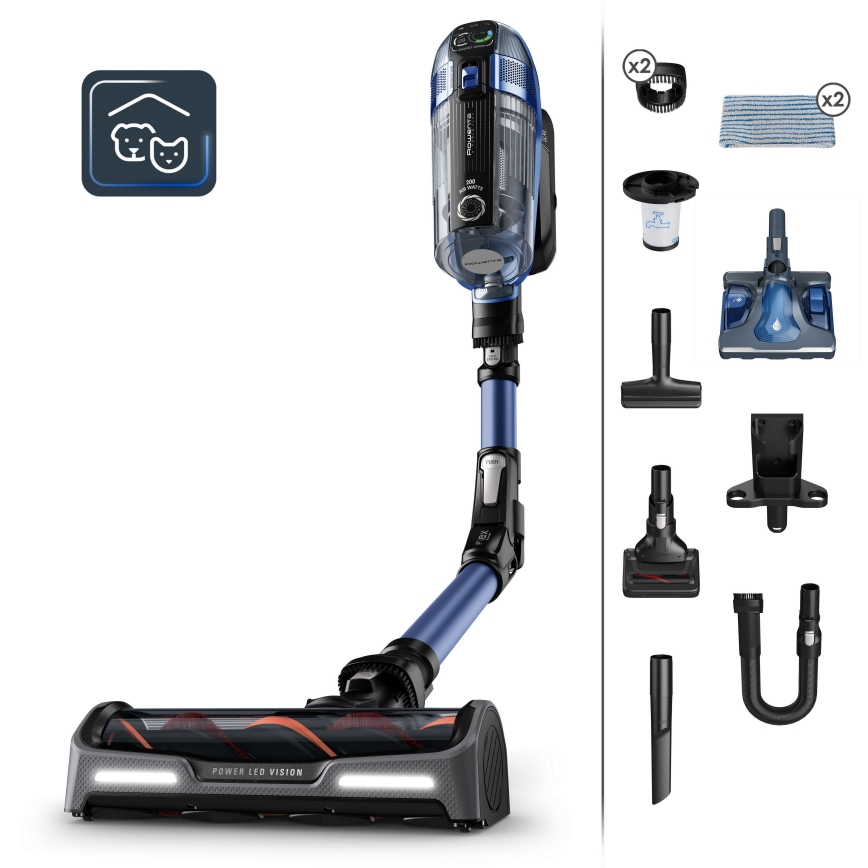 Rowenta - Aspirapolvere a bastone con uno spazzolone X-FORCE FLEX ANIMAL AQUA AUTO 3in1 480W/32,4V 2500 mAh blu