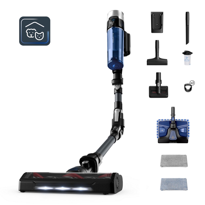Rowenta - Aspirapolvere a bastone con uno spazzolone X-FORCE FLEX ANIMAL AQUA AUTO 4in1 250W/25,2V 2500 mAh nero/blu