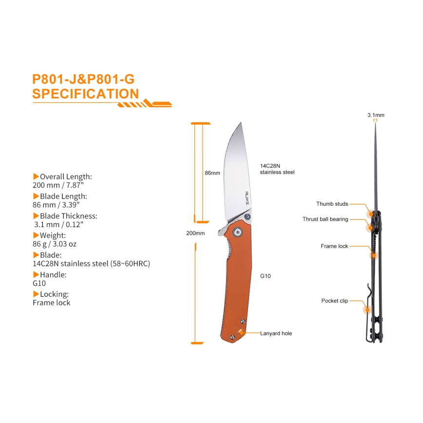Ruike RUP801J - Coltello tascabile pieghevole 20 cm arancione