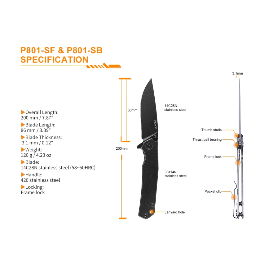 Ruike RUP801SF - Coltello tascabile pieghevole 20 cm argento