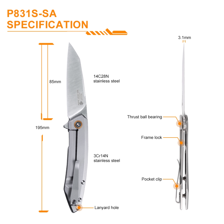 Ruike RUP831SSA - Coltello compatto pieghevole 19,5 cm argento