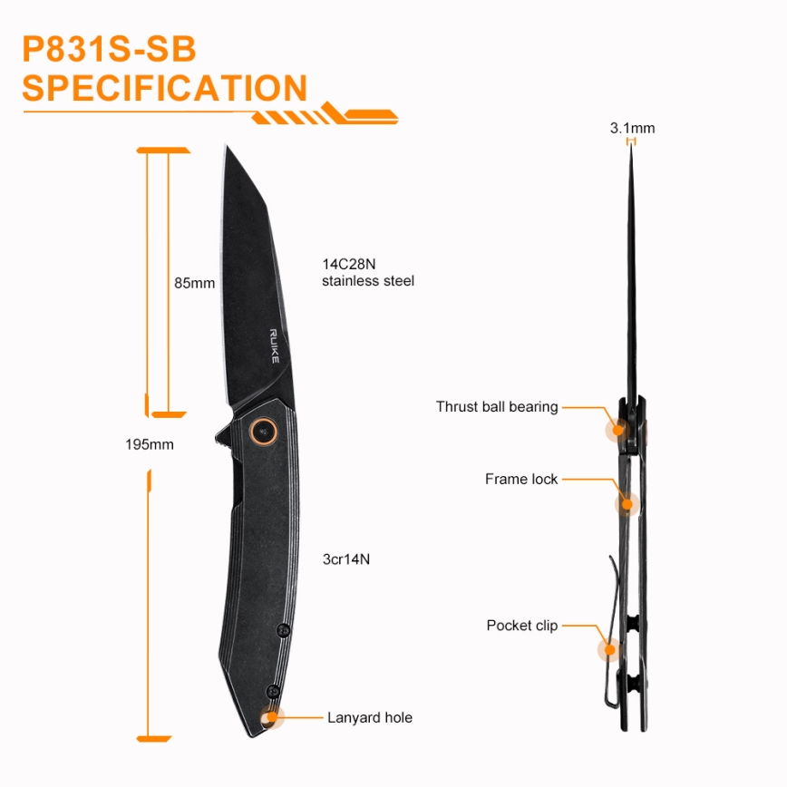 Ruike RUP831SSB - Coltello compatto pieghevole 19,5 cm nero
