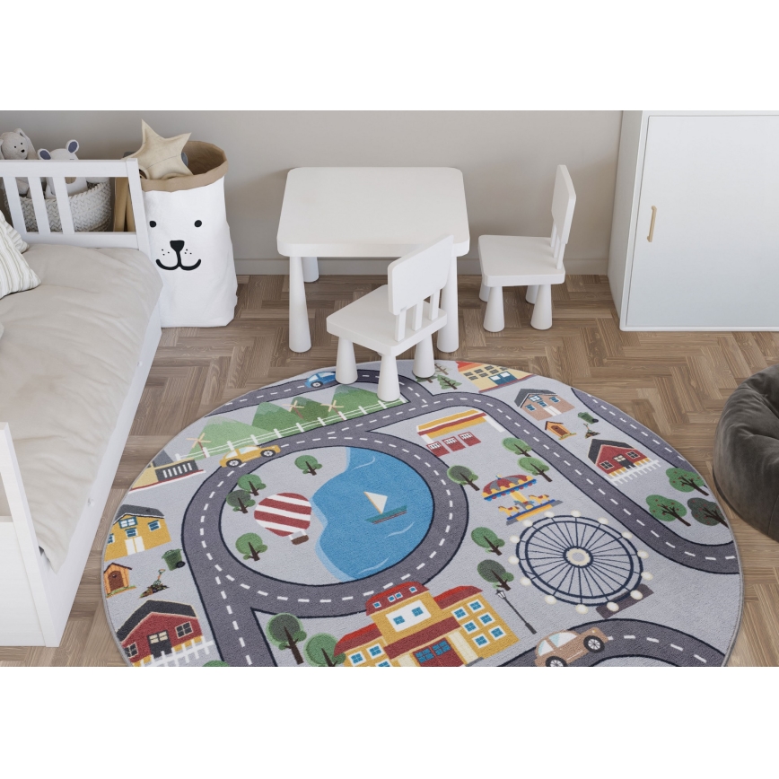 Rutschfester Kinderteppich ARES STREETS 160 cm grau/Stadt