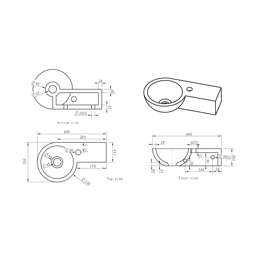 Sapho - Lavabo d'angle suspendu BLOK 40x23 cm droit/anthracite