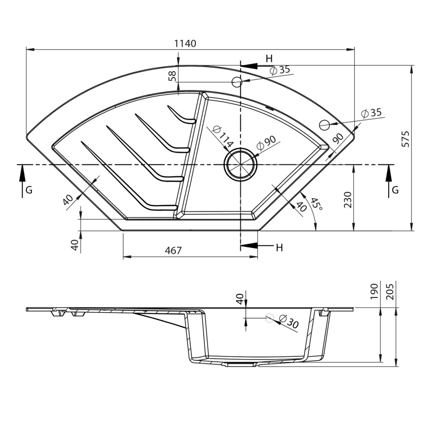 Sapho - Lavello angolare da cucina 114x57,5 cm granito/nero