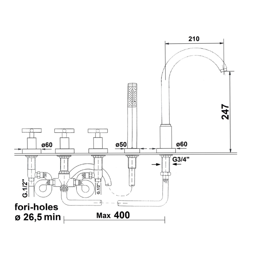 Sapho - Miscelatore per vasca a 5 fori AXIA cromo lucido
