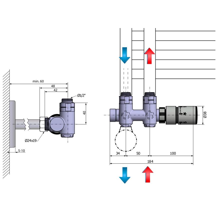 Sapho - Kit termostatico di collegamento per attacco centrale TWIN COMBI destro/inox opaco