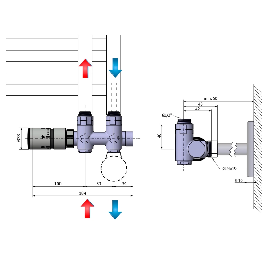 Sapho - Set termostatico per collegamento centrale TWIN COMBI, sinistro, cromo lucido