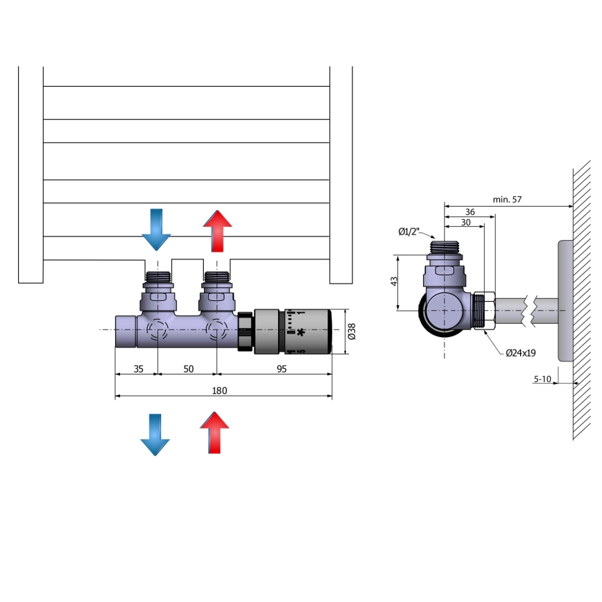 Sapho - Kit termostatico di collegamento per attacco centrale TWIN destro/cromo lucido