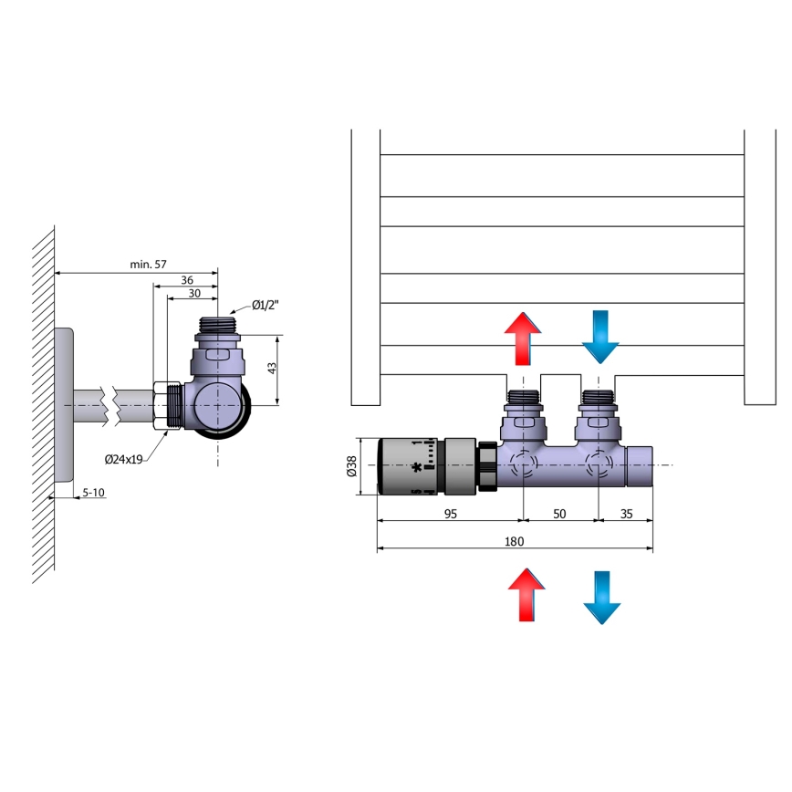 Sapho - Thermostatische Anschlussgarnitur für Mittelanschluss TWIN links / Hochglanz-Chrom