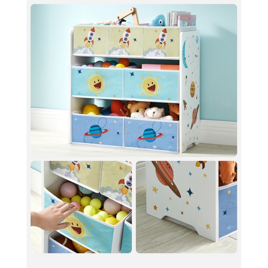 Scaffale contenitore per bambini con scatole in tessuto ANET blu/bianco